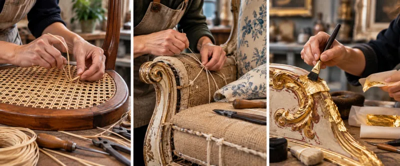 Rejilla, tapicería y dorado aplicados a la restauración de muebles