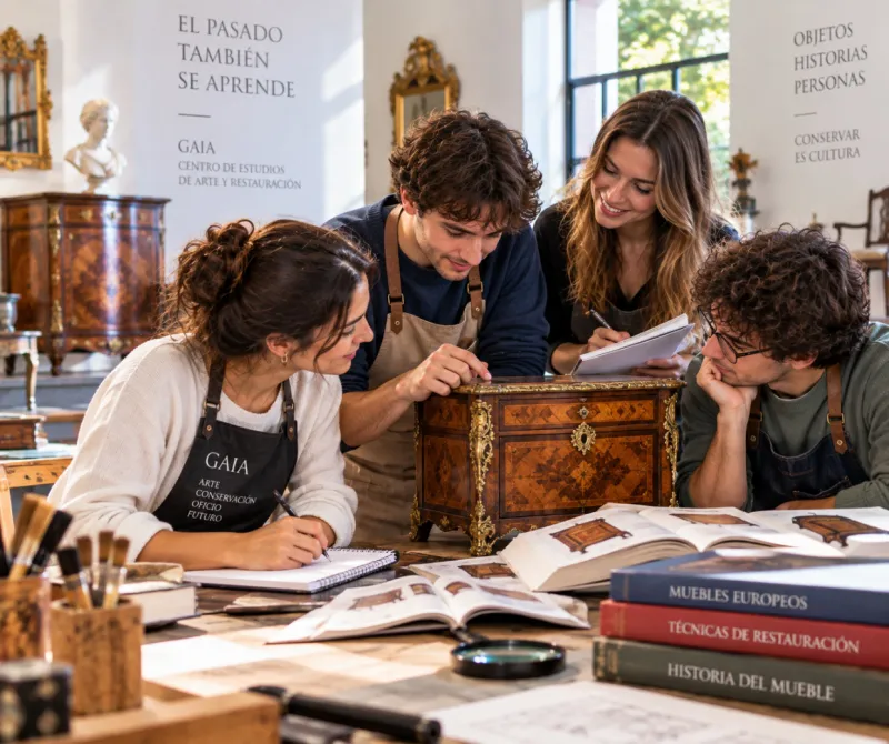 Alumnos estudiando un mueble antiguo