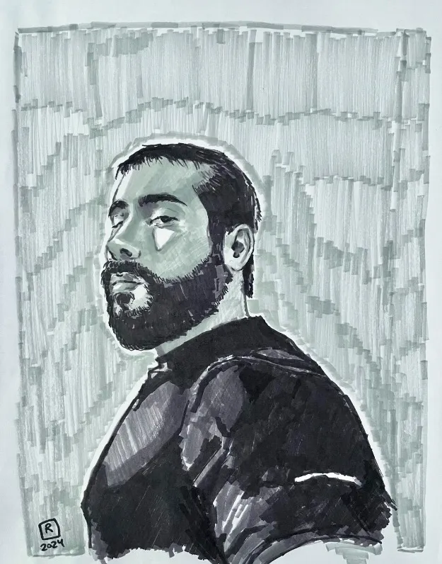 Ejemplo de retrato expresivo realizado con trazos y contrastes