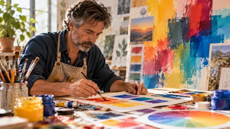 Práctica artística con muestras de color y materiales de pintura