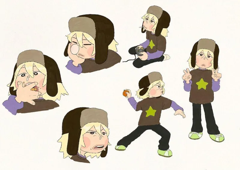 Estudio de un personaje ilustrado con diferentes poses y expresiones