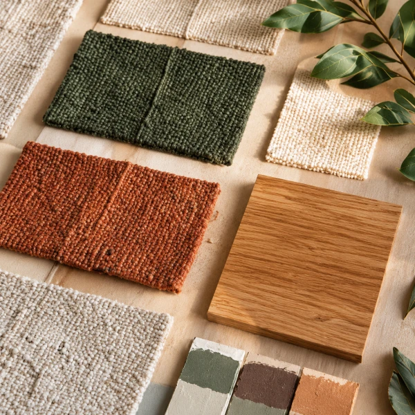 Muestras de tejidos, colores y materiales para un moodboard de interiorismo
